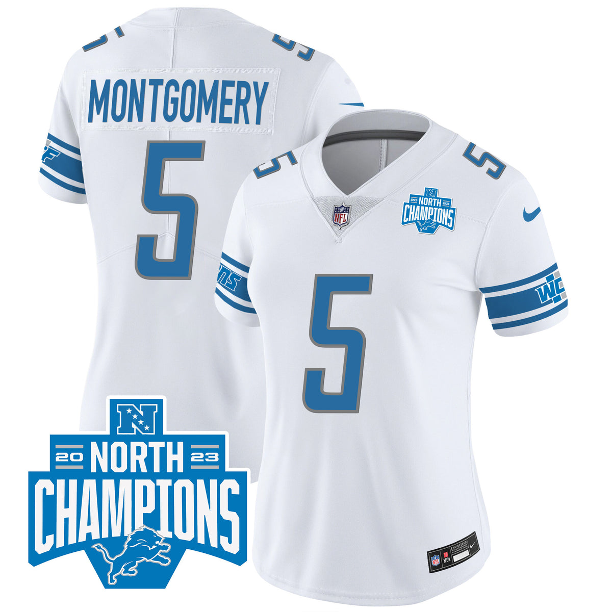 Women's Detroit Lions 2023 NFC North Division Champions Patch Vapor Jersey - All Stitched - White - David Montgomery — view 1