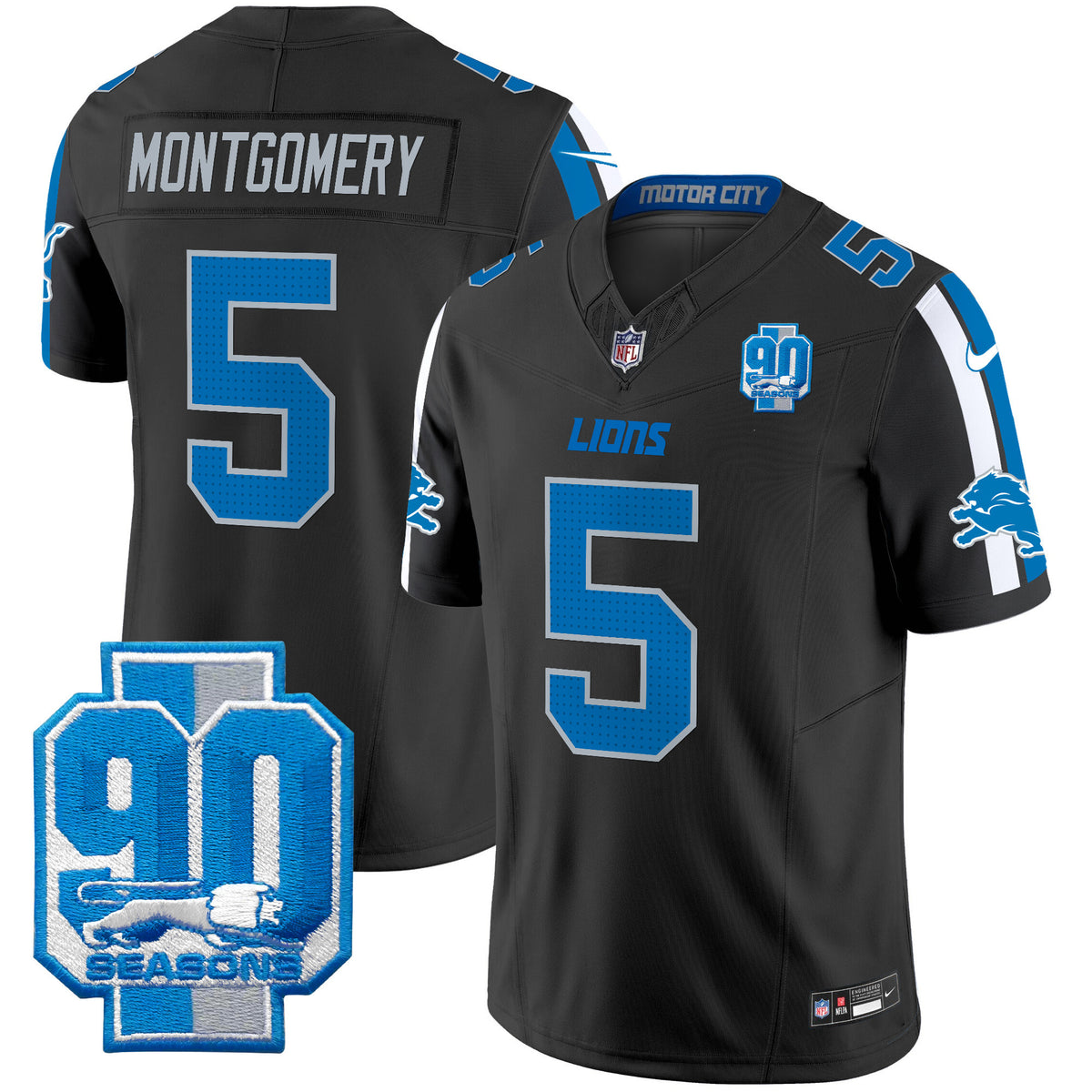 Men's Detroit Lions 90th Year Patch Vapor Limited Jersey - All Stitched - Black - David Montgomery — view 1