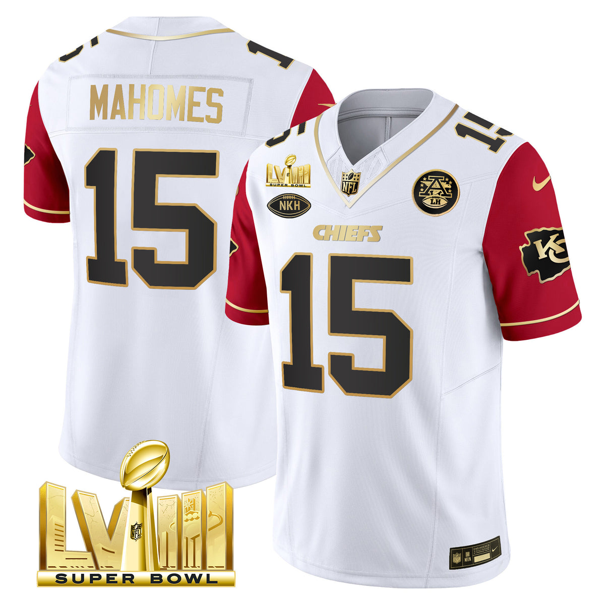 Men's Chiefs Super Bowl LVIII Gold Patch Vapor Jersey V3 - All Stitched - Color Sleeves - Patrick Mahomes — view 1