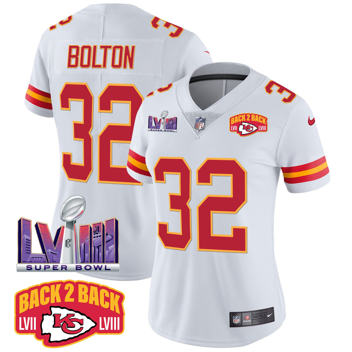 Women's Chiefs Super Bowl LVIII & Back 2 Back Patch Vapor Jersey - All Stitched - White - Nick Bolton — view 1