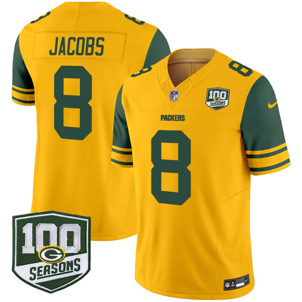 Men's Green Bay Packers Throwback 100th Season Patch Vapor Limited Jersey - All Stitched - Gold - Josh Jacobs — view 1