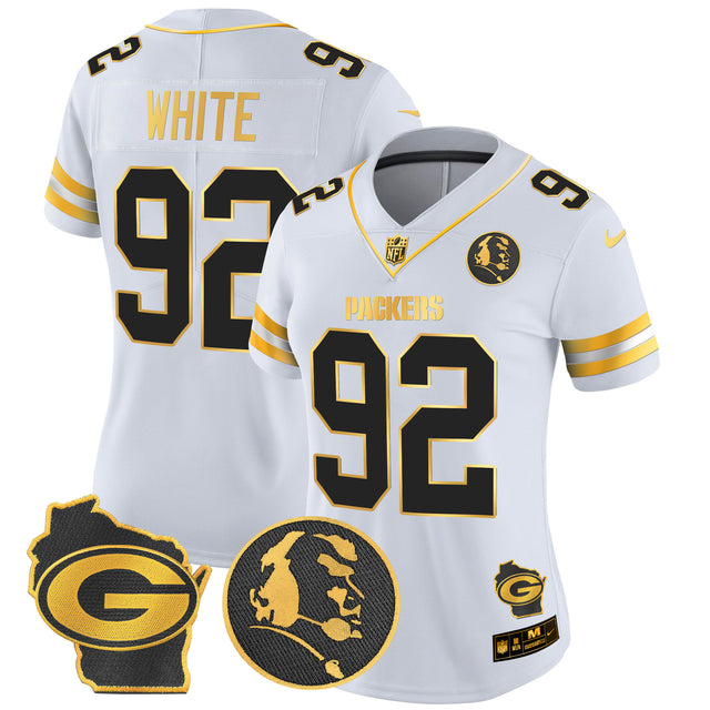 Women's Packers John Madden & Home Patch Gold Vapor Limited Jersey - All Stitched - White Gold - Reggie White — view 1