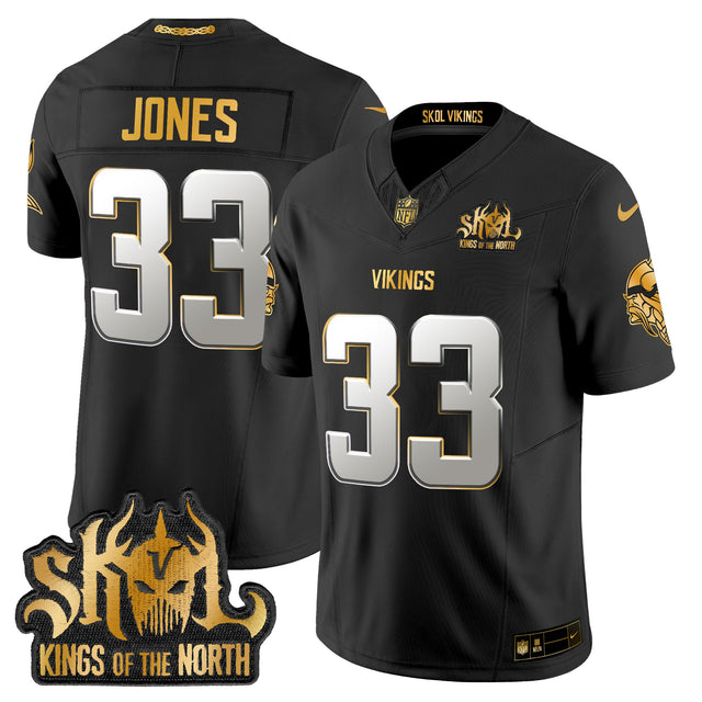 Men's Minnesota Vikings 2024 Winter Warrior Skol Patch Gold Vapor Limited Jersey - All Stitched - Black Limited - Aaron Jones — view 1