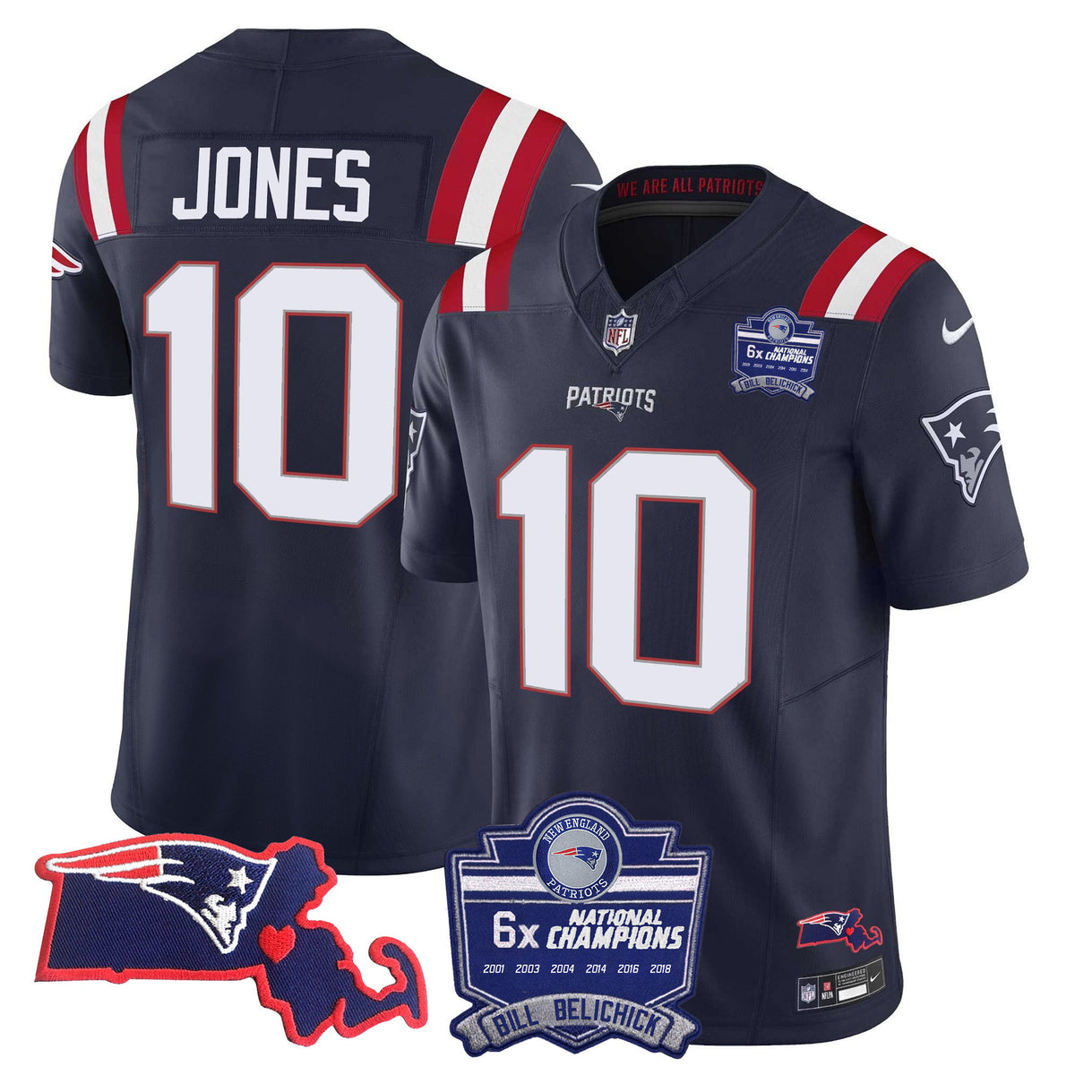 Men's Patriots Bill Belichick 6x Champions Patch Vapor Jersey - All Stitched - Navy - Mac Jones — view 1