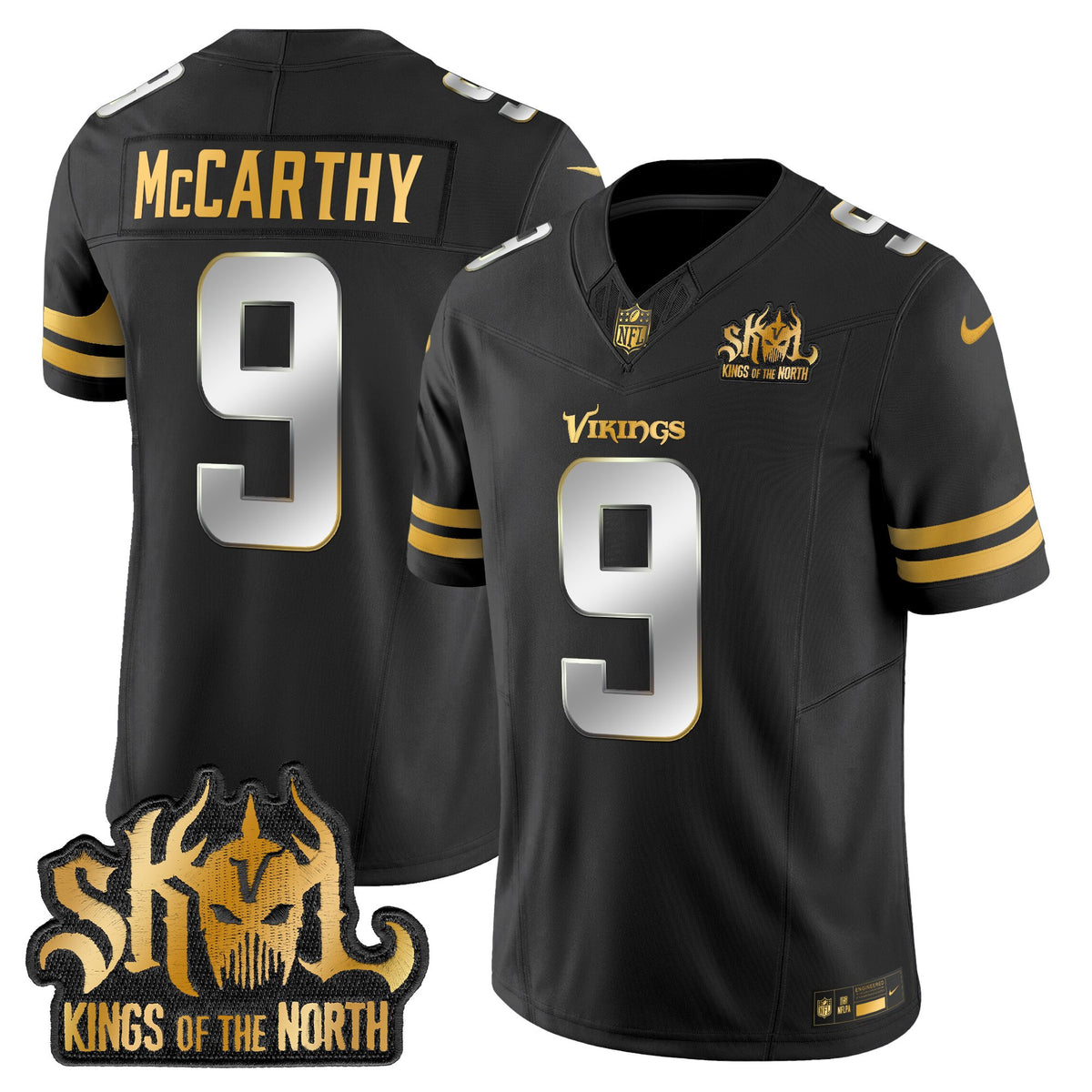 Men's Minnesota Vikings 2025 Gold Vapor Limited Jersey - Kings Of The North Patch - All Stitched - Black Limited - J.J.McCarthy — view 1