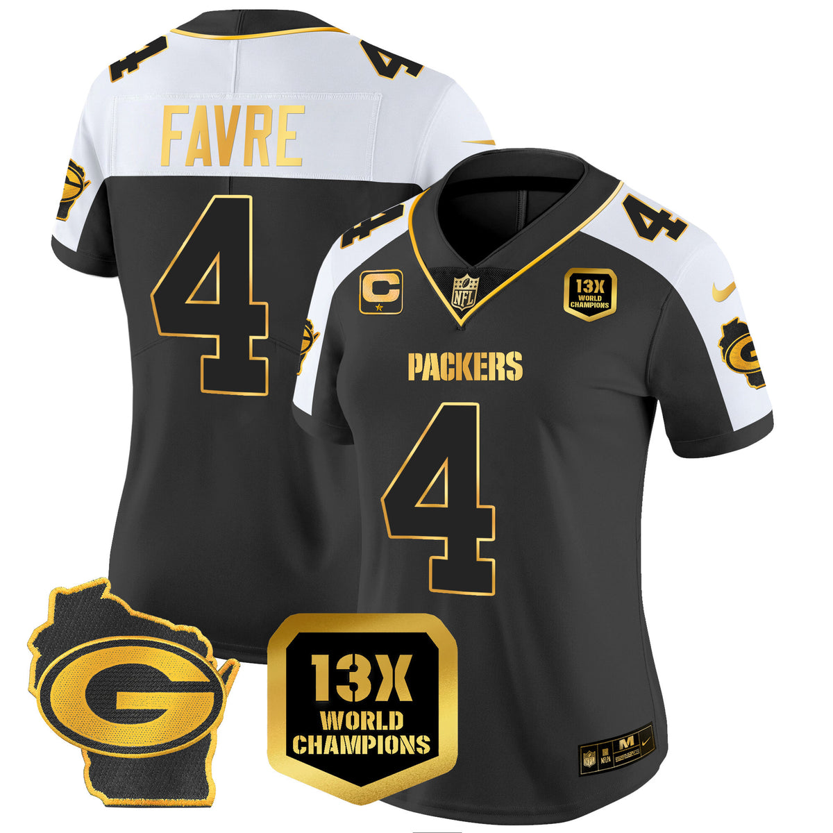 Women's Packers 13 Time World Champions & Home Patch Gold Vapor Jersey – All Stitched - Alternate - Brett Favre — view 1