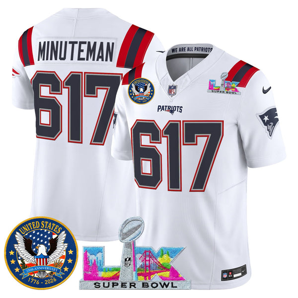 Men's New England Patriots Super Bowl LX & United States 250th Patch Vapor Limited Jersey - All Stitched - White - Minuteman 617 — view 1