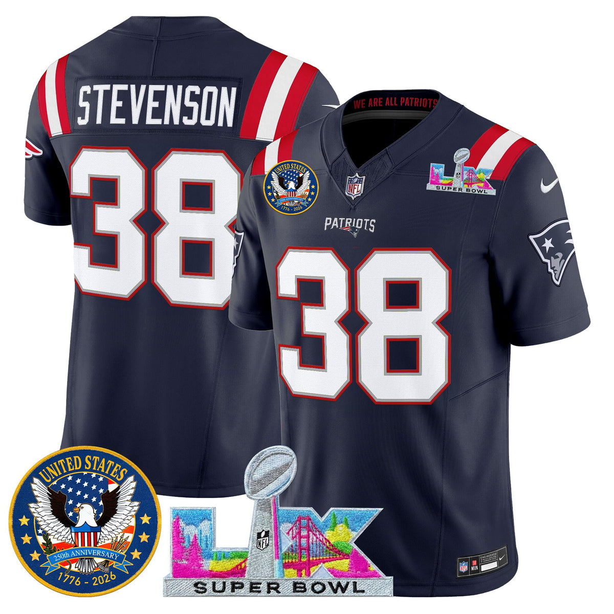 Men's New England Patriots Super Bowl LX & United States 250th Patch Vapor Limited Jersey - All Stitched - Navy - Rhamondre Stevenson — view 1