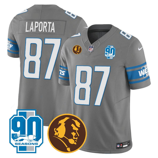 Men's Detroit Lions 90th & John Madden Patch Jersey - All Stitched - Gray - Sam Laporta — view 1