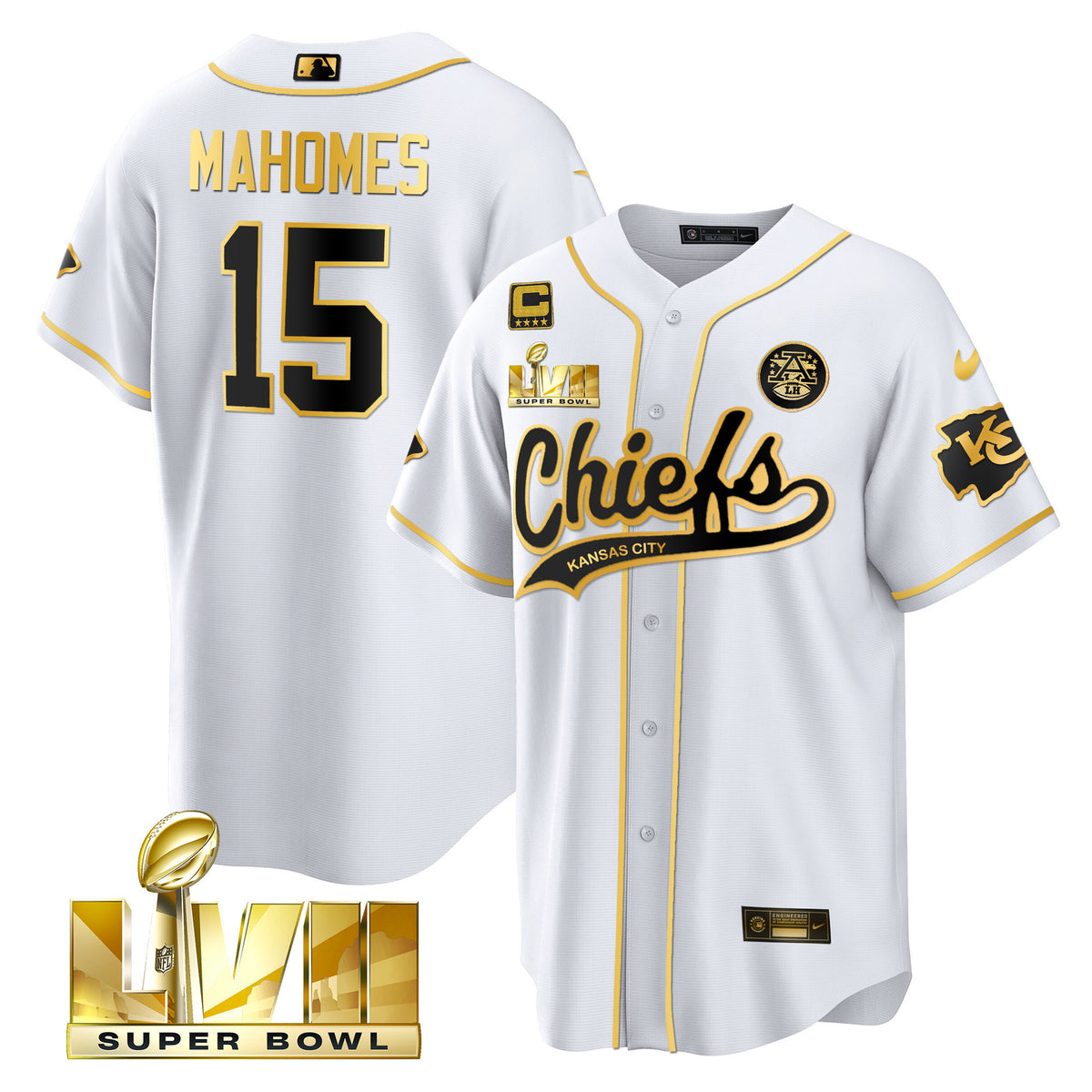 Men's Chiefs Super Bowl LVII Cool Base Jersey V2 - All Stitched - White Gold - Patrick Mahomes — view 1