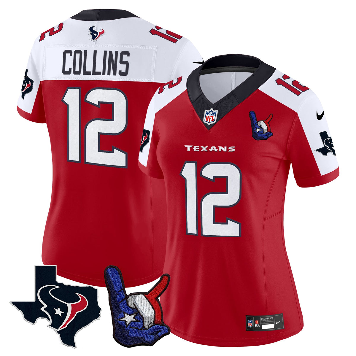 Women's Houston Texans Hand Sign Throwing Up The H Vapor Jersey - All Stitched - Red Alternate - Nico Collins — view 1