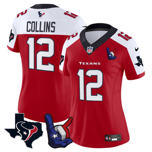 Women's Houston Texans Hand Sign Throwing Up The H Vapor Jersey - All Stitched - Red Alternate - Nico Collins — view 1