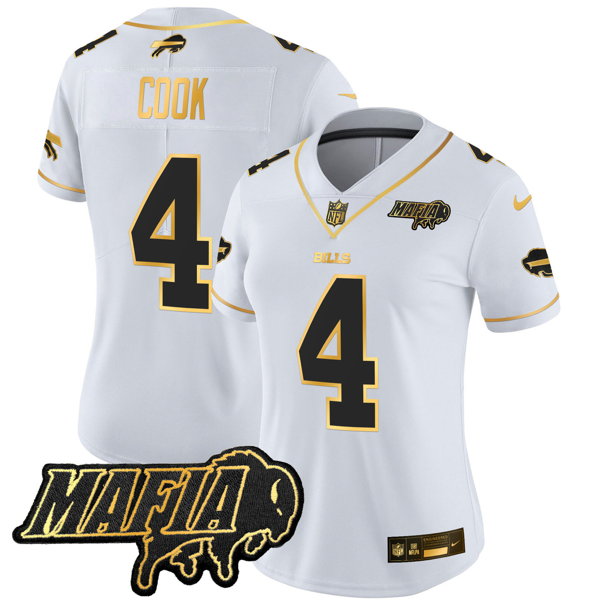Women's Buffalo Bills 2025 Bills Mafia Patch Gold Vapor Limited Jersey - All Stitched - White Gold - James Cook — view 1