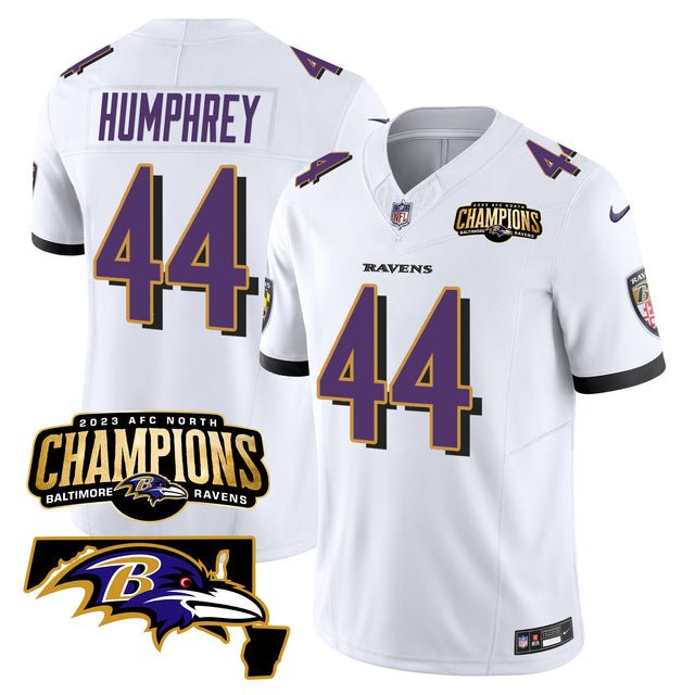 Men's Ravens 2023 AFC North Champions & Maryland Patch Vapor Jersey - All Stitched - White - Marlon Humphrey — view 1
