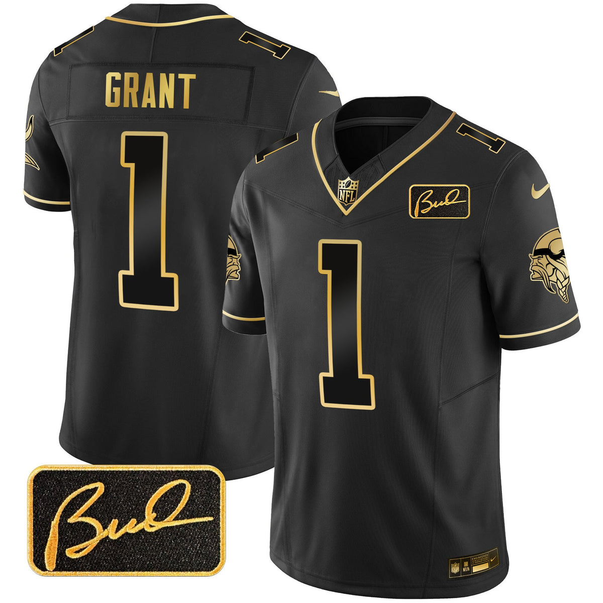 Men's Vikings Bud Grant Patch Gold Limited Jersey V2 - All Stitched - Black Gold - Bud Grant — view 1