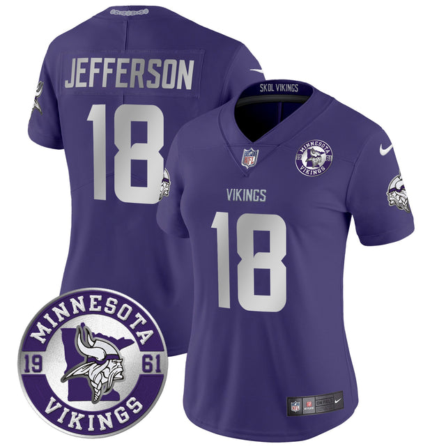 Women's Minnesota Vikings 2024 Vapor Limited Jersey - Est. 1961 Patch - All Stitched - Purple - Justin Jefferson — view 1