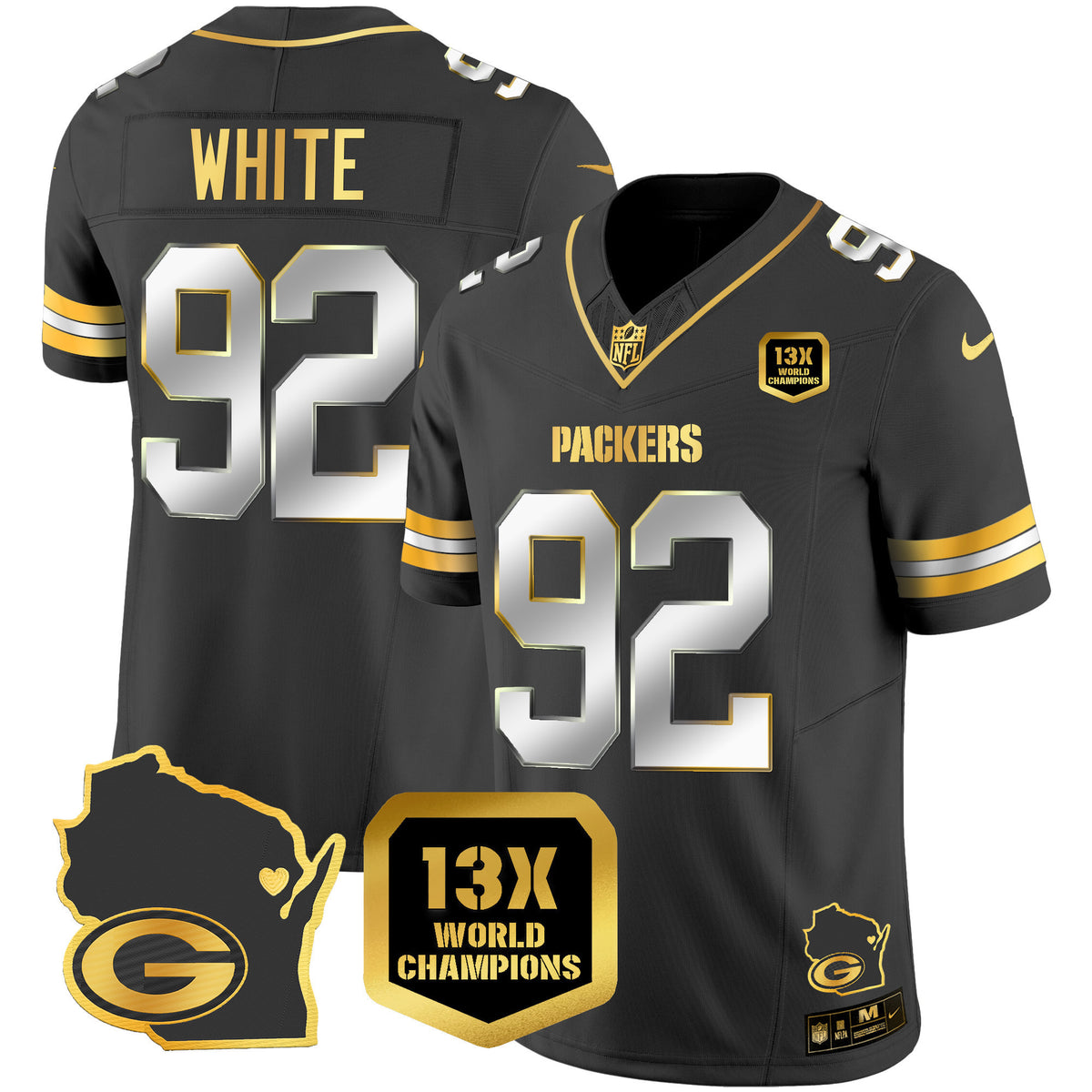 Men's Packers 13 Time World Champions & Home Patch Gold Vapor Jersey V2 – All Stitched - Black Limited - Reggie White — view 1