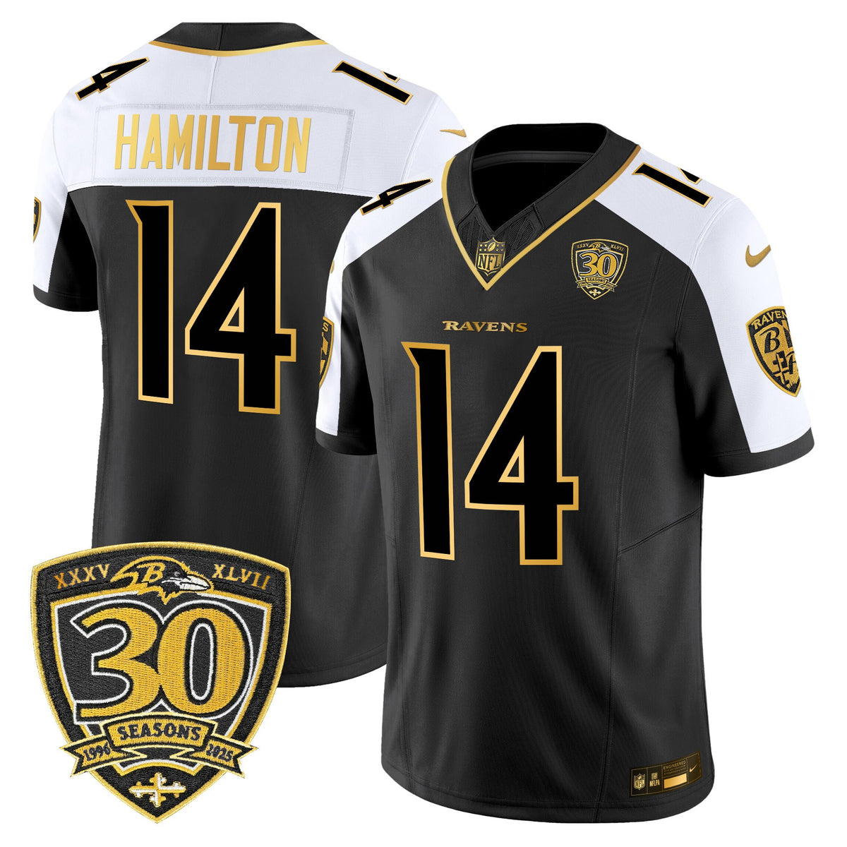 Men's Baltimore Ravens 2025 Gold Vapor Limited Jersey - 30th Anniversary Patch - All Stitched - Alternate - Kyle Hamilton — view 1