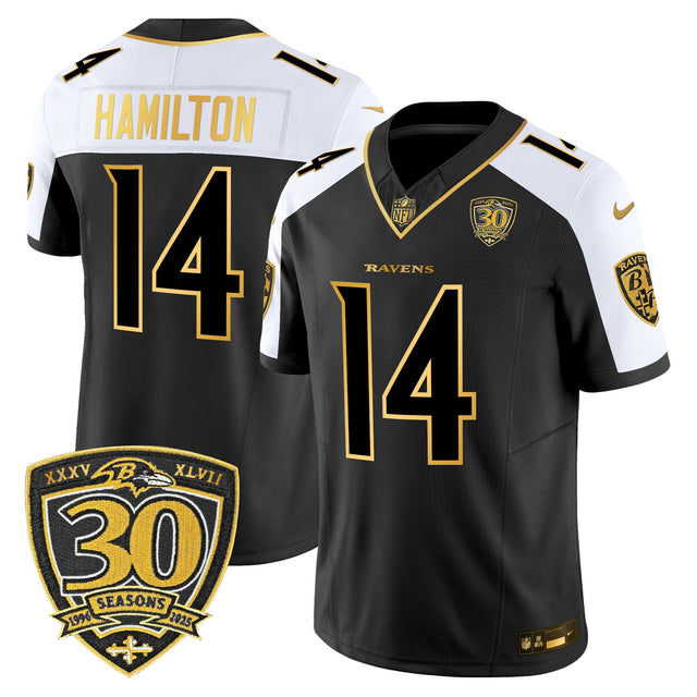 Men's Baltimore Ravens 2025 Gold Vapor Limited Jersey - 30th Anniversary Patch - All Stitched - Alternate - Kyle Hamilton — view 1