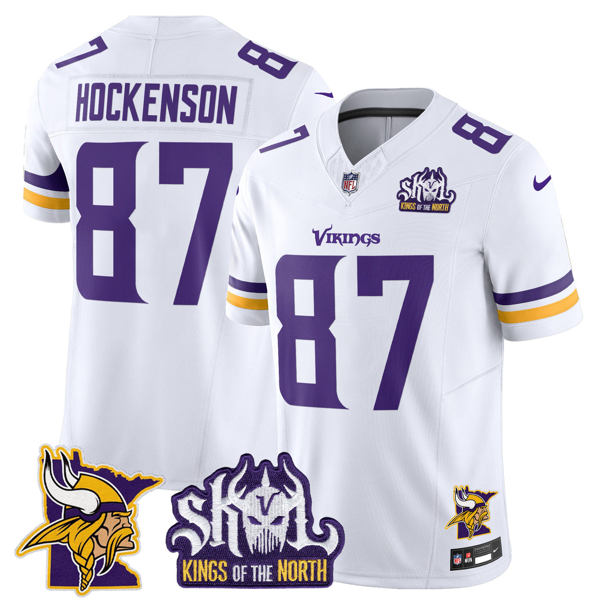 Men's Minnesota Vikings Kings Of The North Patch Vapor Limited Jersey V3 - All Stitched - White - T.J. Hockenson — view 1
