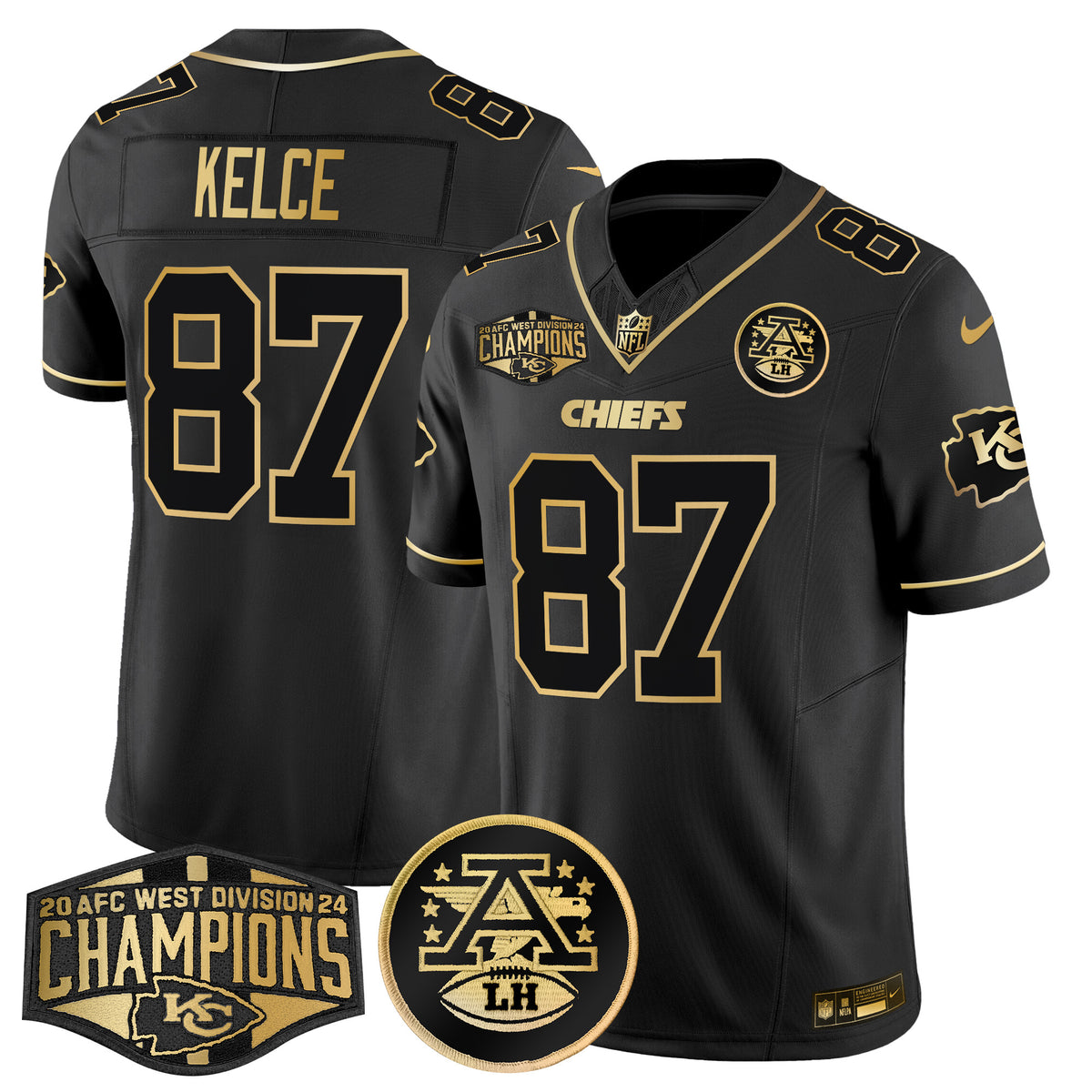 Men's Chiefs 2024 AFC West Division Champions Patch Gold Vapor Limited Jersey - All Stitched - Black Gold - Travis Kelce — view 1