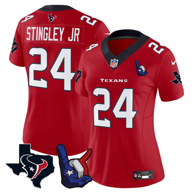 Women's Houston Texans Hand Sign Throwing Up The H Vapor Jersey - All Stitched - Red - Derek Stingley Jr — view 1