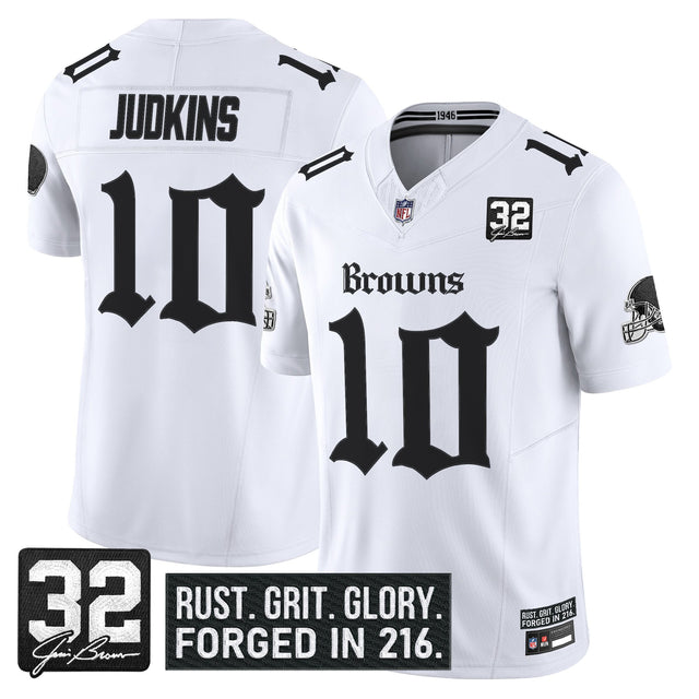 Men's Cleveland Browns 'Gothic Dawg Shadows Drop' Vapor Limited Jersey - All Stitched - White - Quinshon Judkins — view 1