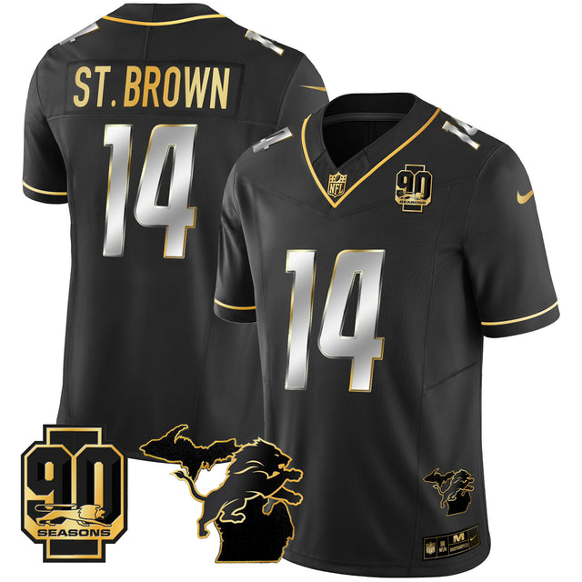 Men's Detroit Lions 90th Year & Michigan Patch Gold Vapor Jersey - All Stitched - Black Limited - St. Brown — view 1