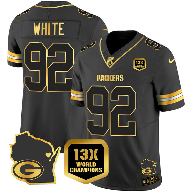 Men's Packers 13 Time World Champions & Home Patch Gold Vapor Jersey V2 – All Stitched - Black Gold - Reggie White — view 1