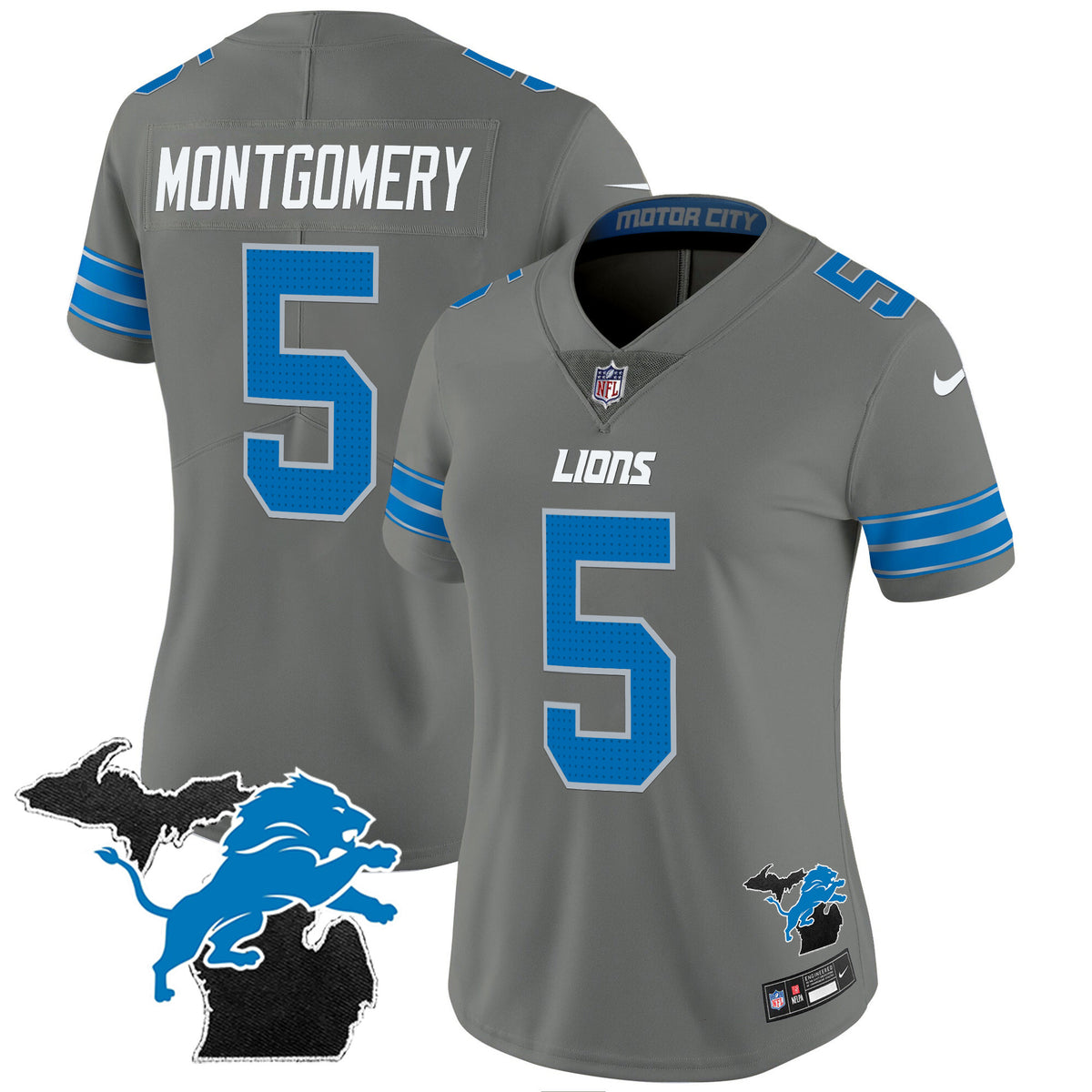 Women's Detroit Lions 2024 Michigan Patch Vapor Jersey - All Stitched - Gray - David Montgomery — view 1