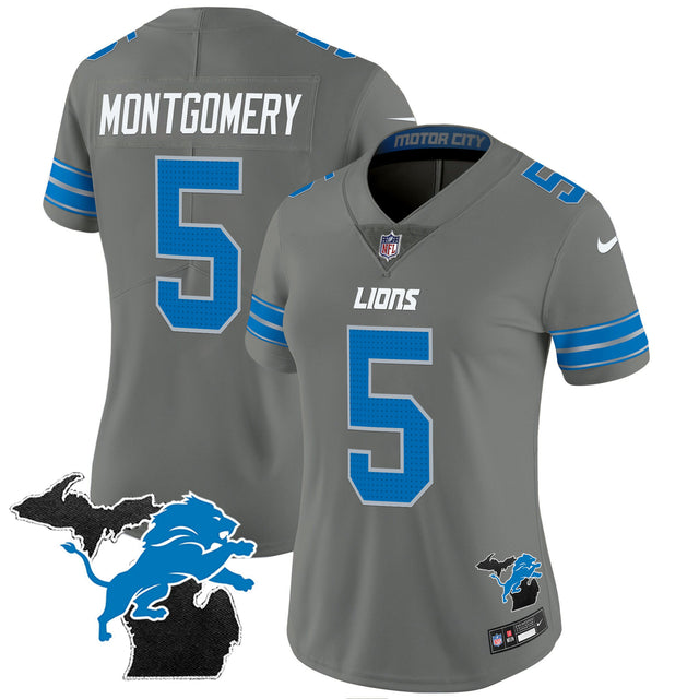 Women's Detroit Lions 2024 Michigan Patch Vapor Jersey - All Stitched - Gray - David Montgomery — view 1