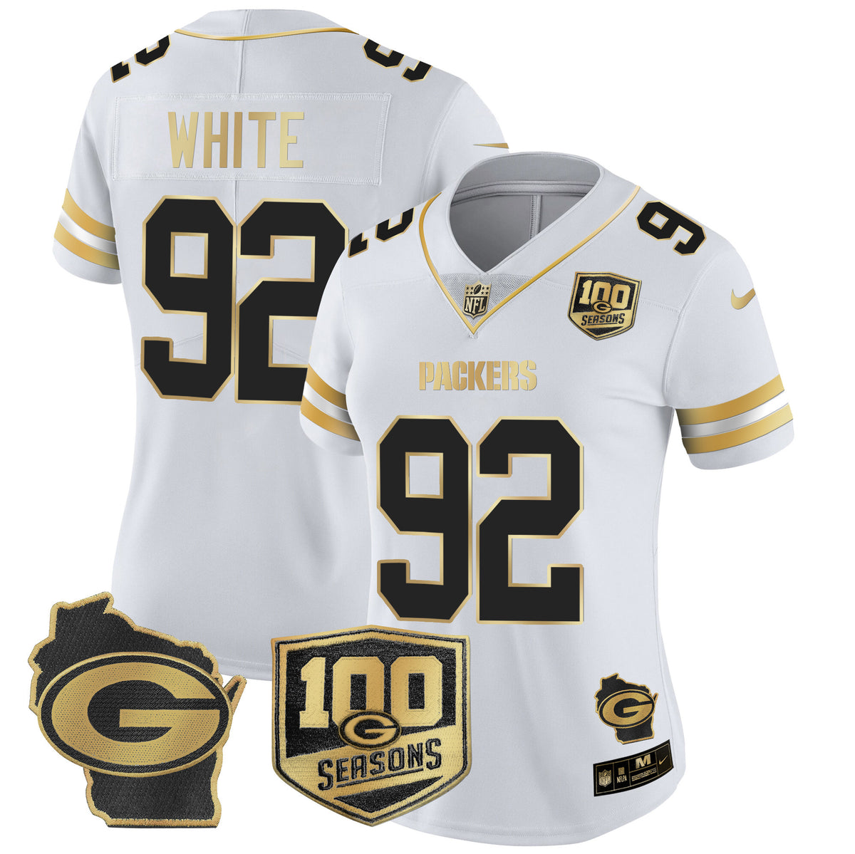 Women's Packers 100th Season & Home Patch Gold Vapor Limited Jersey – All Stitched - White Gold - Reggie White — view 1