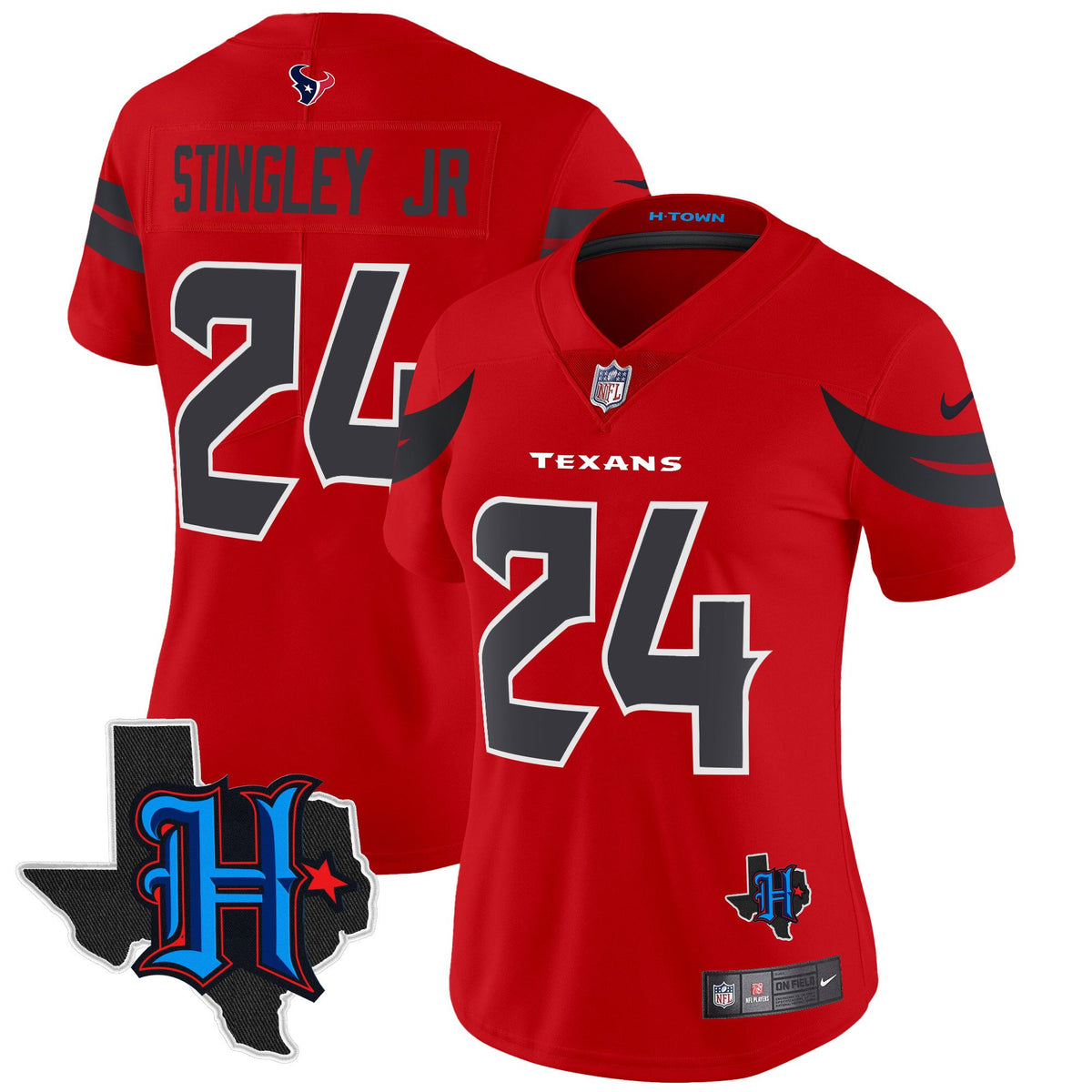 Women's Houston Texans 2024 Texas Patch Vapor Limited Jersey V3 - All Stitched - Red - Derek Stingley Jr — view 1