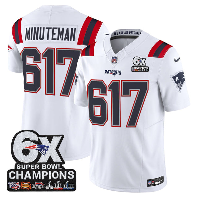 Men's New England Patriots 6-Time Champions Patch Vapor Limited Jersey - All Stitched - White - Minuteman 617 — view 1