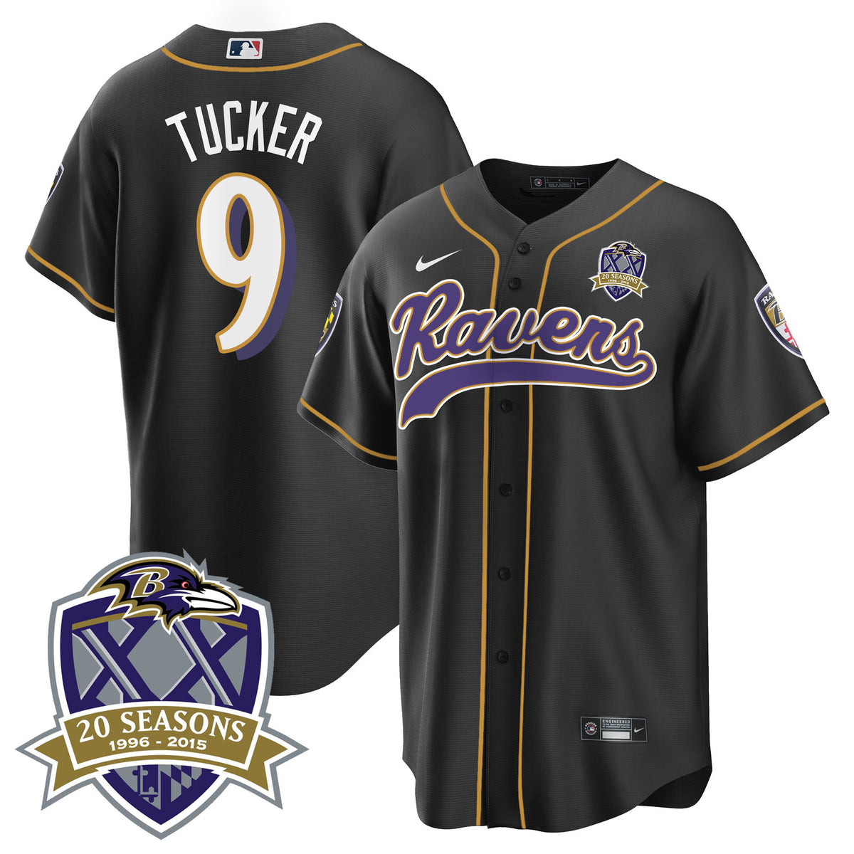 Men's Ravens 20th Season Patch Baseball Jersey - All Stitched - Black - Justin Tucker — view 1