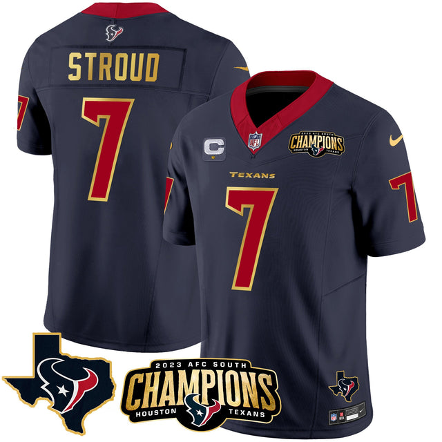 Men's Houston Texans 2023 AFC South Champions Patch Gold Trim Vapor Jersey - All Stitched - Navy - C.J. Stroud — view 1