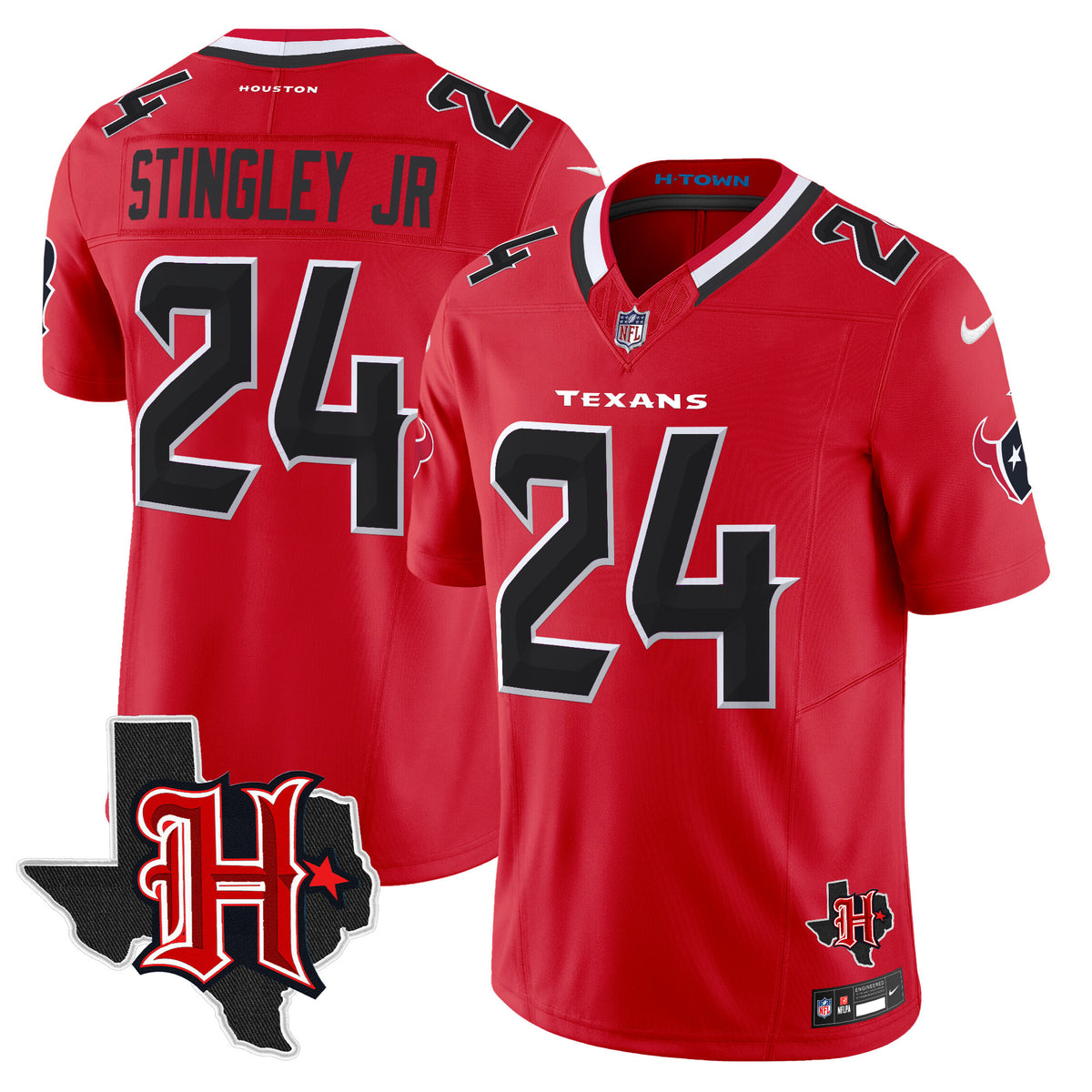 Men's Houston Texans 2024 Texas Patch Vapor Limited Jersey V5 - All Stitched - Red - Derek Stingley Jr — view 1