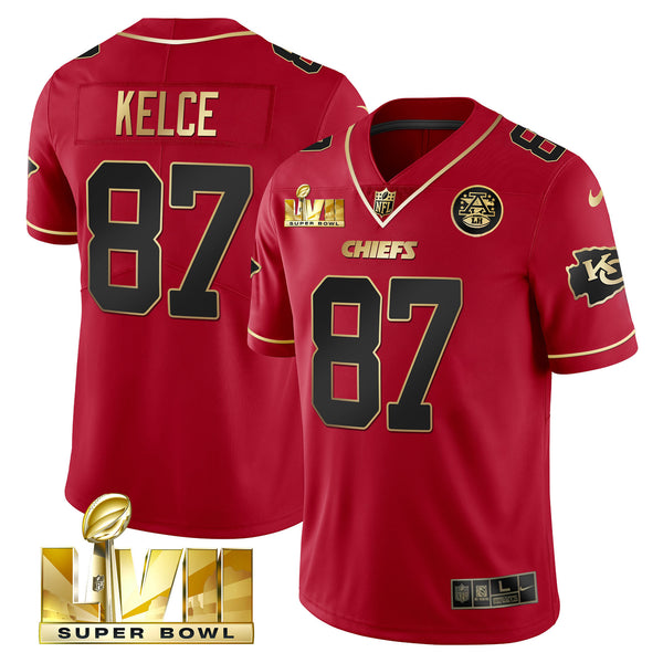 Men's Chiefs Super Bowl LVII Red Gold Vapor Jersey V2 - All Stitched - Red Special - Travis Kelce — view 1
