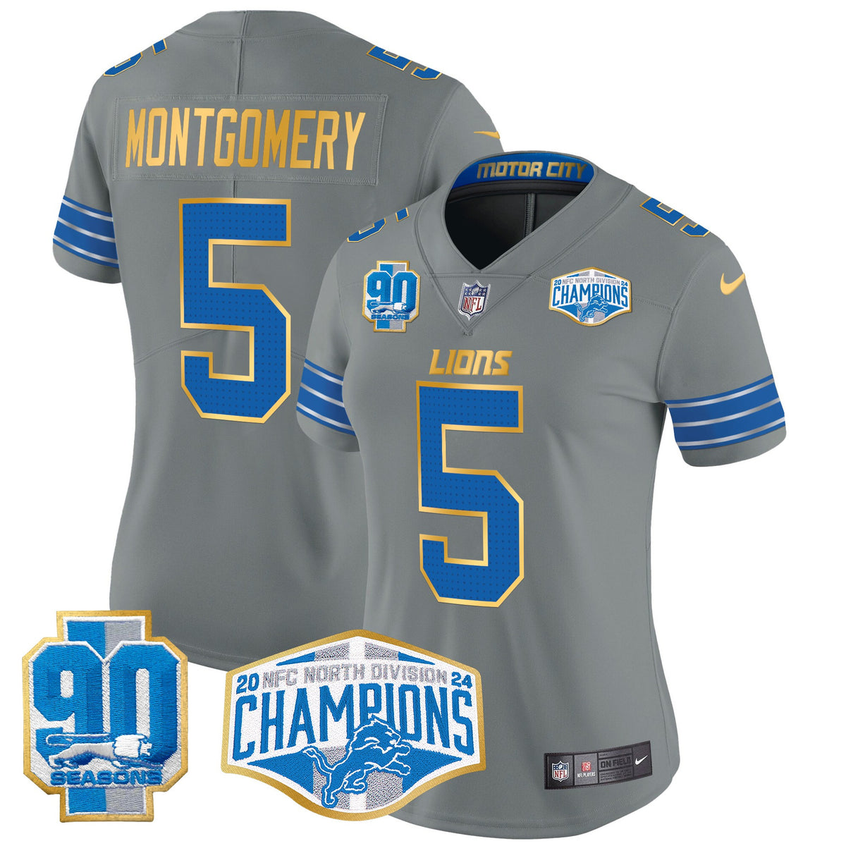 Women's Detroit Lions 2024 NFC North Division Champions Patch Gold Trim Vapor Limited Jersey - All Stitched - Gray - David Montgomery — view 1