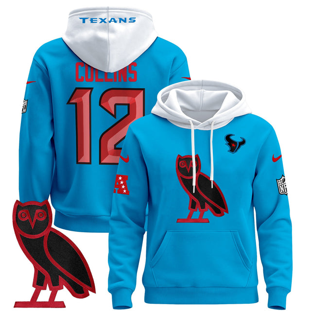 Men's Houston Texans OVO 2024 Pullover Hoodie - All Stitched - Blue - Nico Collins — view 1