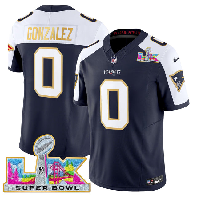 Men's New England Patriots Super Bowl LX Gold Trim Vapor Limited Jersey - All Stitched - Navy Alternate - Christian Gonzalez — view 1