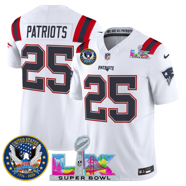 Men's New England Patriots Super Bowl LX & United States 250th Patch Vapor Limited Jersey - All Stitched - White - #25 Patriots — view 1