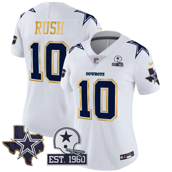 Women's Cowboys Texas Patch Gold Trim Vapor Jersey - All Stitched - White - Cooper Rush — view 1