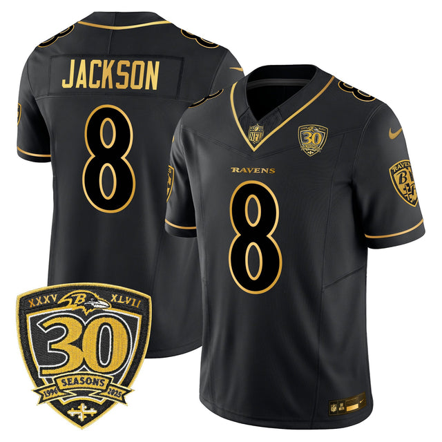 Men's Baltimore Ravens 2025 Gold Vapor Limited Jersey - 30th Anniversary Patch - All Stitched - Black Gold - Lamar Jackson — view 1