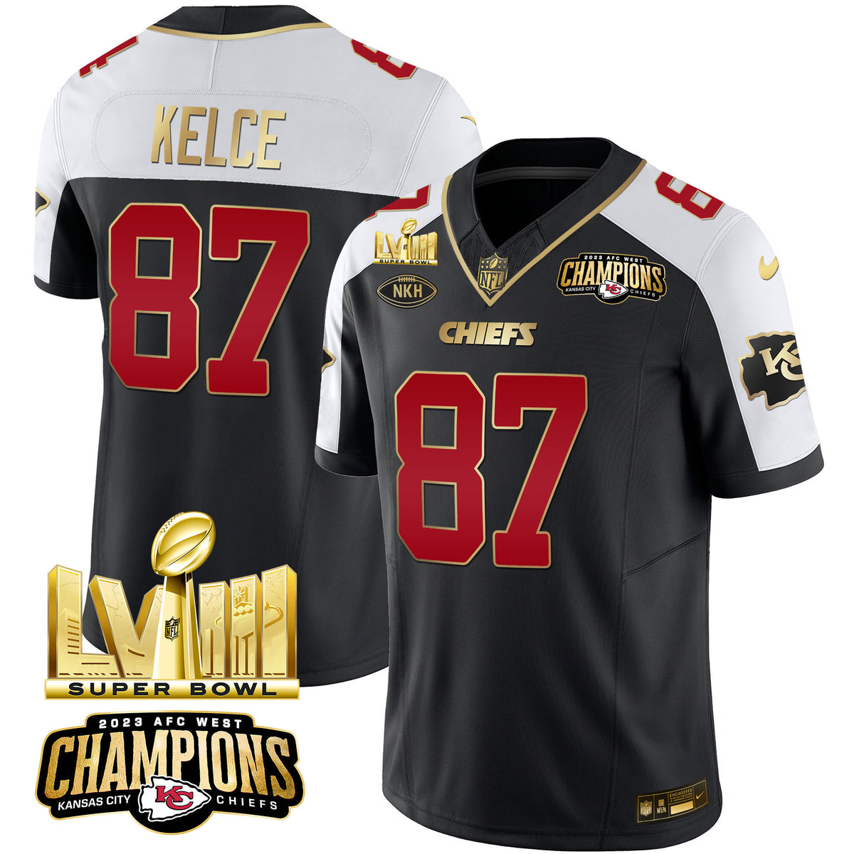 Men's Chiefs AFC West Champions & Super Bowl LVIII Gold Patch Vapor Jersey - All Stitched - Black Alternate - Travis Kelce — view 1