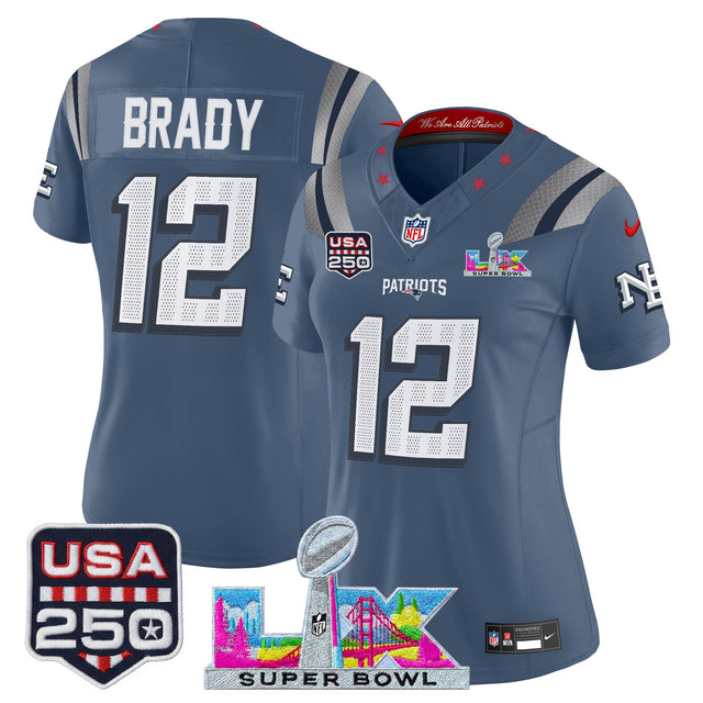Women's New England Patriots Super Bowl LX & United States 250th Anniversary Patch Vapor Limited Jersey - All Stitched - Storm Blue - Tom Brady — view 1