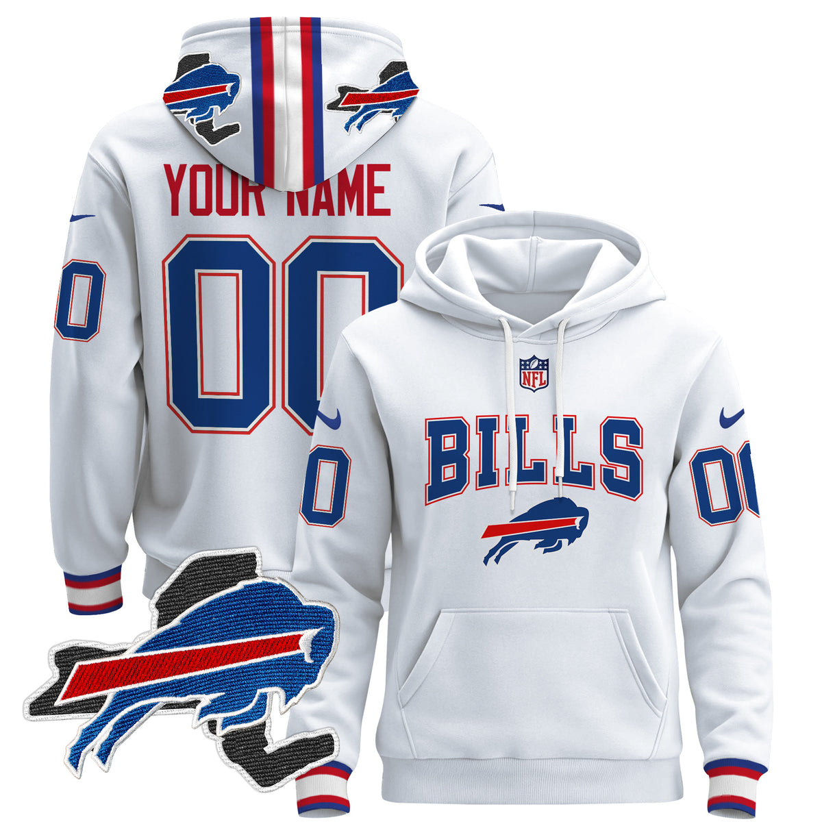 Buffalo Bills 2024 Custom Pullover Hoodie V3 - All Stitched - White — view 1