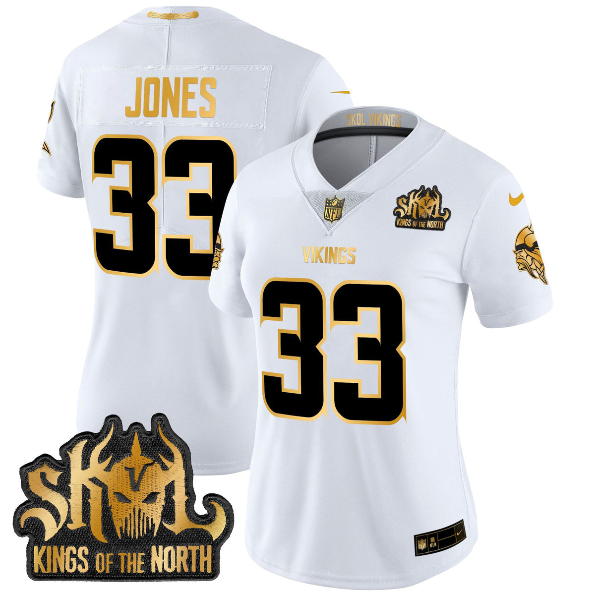 Women's Minnesota Vikings 2024 Winter Warrior Skol Patch Gold Vapor Limited Jersey - All Stitched - White Gold - Aaron Jones — view 1