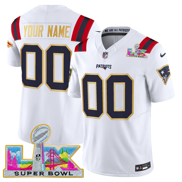 New England Patriots Super Bowl LX Gold Trim Vapor Limited Custom Jersey - All Stitched - White — view 1