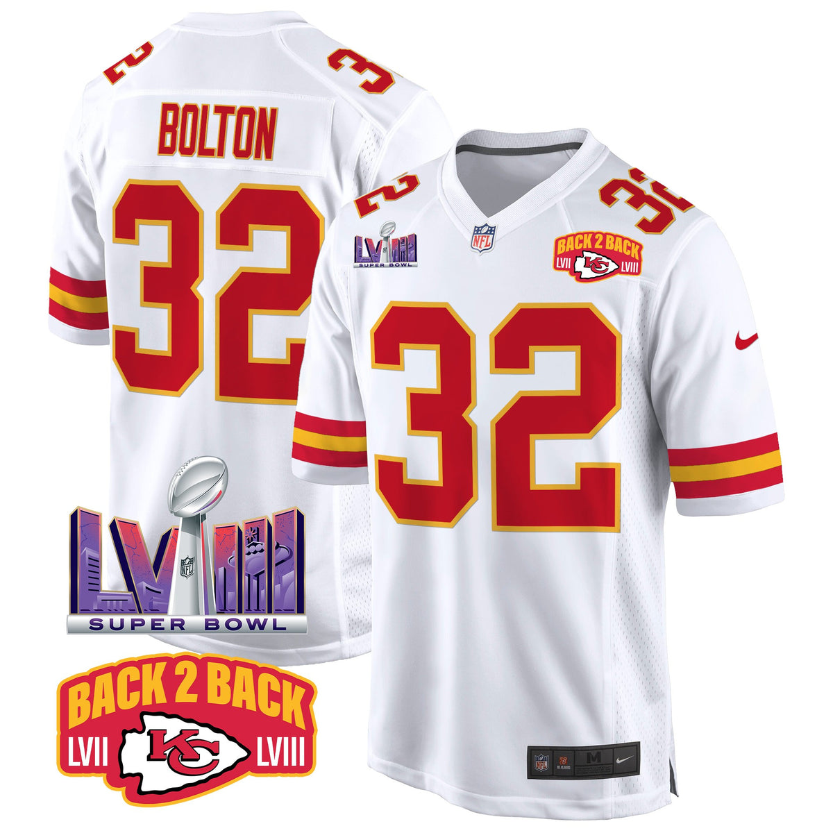Men's Chiefs Super Bowl LVIII & Back 2 Back Patch Game Jersey - All Stitched - White - Nick Bolton — view 1